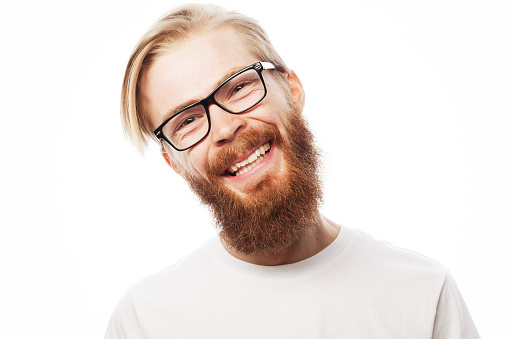 Lifestyle and people concept: Closeup of smiling ginger man wearing eyeglass