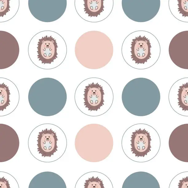 Vector illustration of Seamless pattern with cute colored hedgehogs in pastel colors on a white background. Children's pattern for clothes. Cute print with animals. Vector illustration