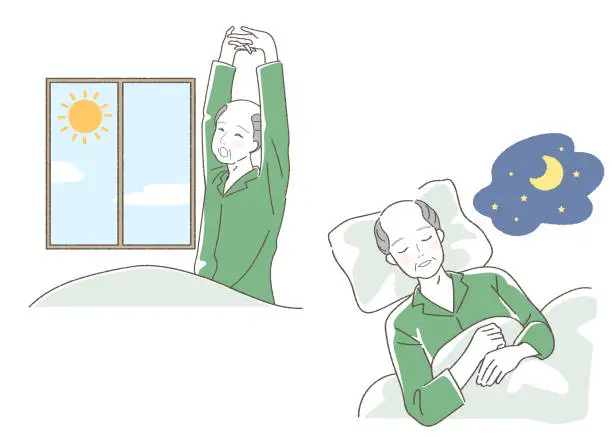 Vector illustration of Set of Illustrations of an Elderly Men Waking Up.
