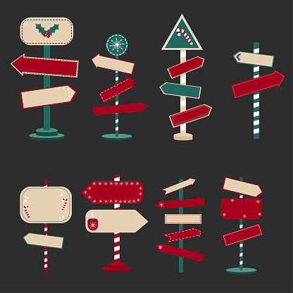 Set of road destination signs. Decoration elements for New Year and Christmas. Vector illustration in cartoon style.