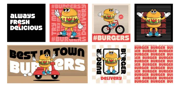 Vector illustration of Set of posters with funky cartoon Characters Burgers, Pizza and Drink in groovy style. Retro card for delivery service. Vintage hippie design and slogan for burger bar, restaurant, cafe, social media, posts. Vector art