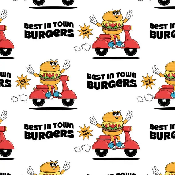 Vector illustration of Seamless pattern with funky cartoon Characters Burgers, Pizza, Drink and other elements in groovy style. Retro hippie background for delivery service and burger cafe. Vector vintage art