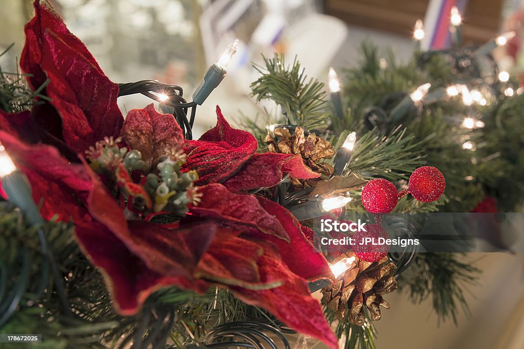 Ghirlanda di Natale con Stella di Natale e luci - Foto stock royalty-free di Albero