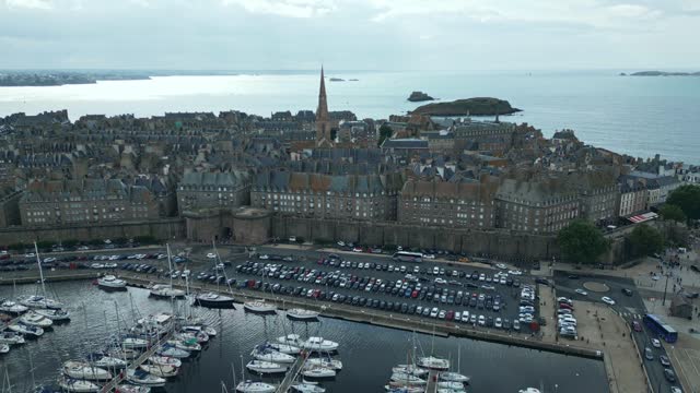 Saint-Malo cityscape and old port. Brittany in France. Aerial backward