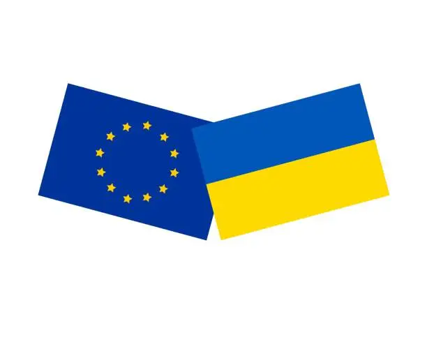 Vector illustration of Flags of Ukraine and European Union as symbol of partnership and cooperation, support and help of each other during hard time of russian invasion to independent Ukraine, simple hand drawn pattern
