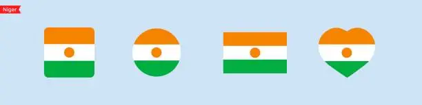 Vector illustration of National flag of Niger. Flag icons for language selection. Niger flag in the shape of a square, circle, heart. Vector icons