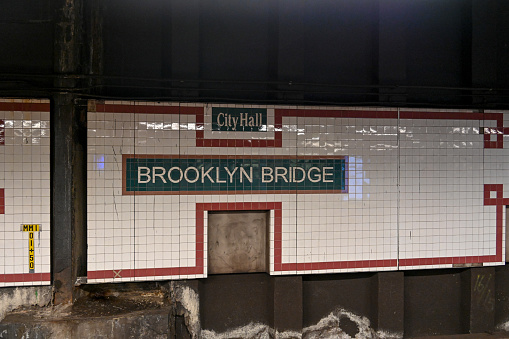 New York City, New York, USA, April 8, 2023 - The Brooklyn Bridge / City Hall Downton Manhattan subway station, New York.