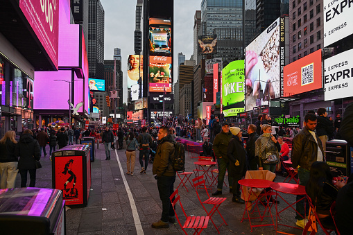 New York City, New York, USA, April 7, 2023 - Rush hour on Seventh Avenue near Times Square, Manhattan, New York, USA.