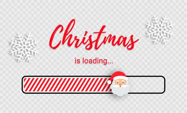 Vector illustration of Christmas loading Countdown. Holiday loading bar with candy cane fill, Santa and snowflakes. Funny download banner.