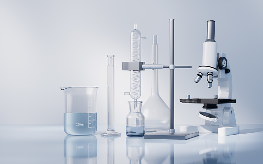 Glassware and microscope in the laboratory, 3d rendering. 3D illustration.