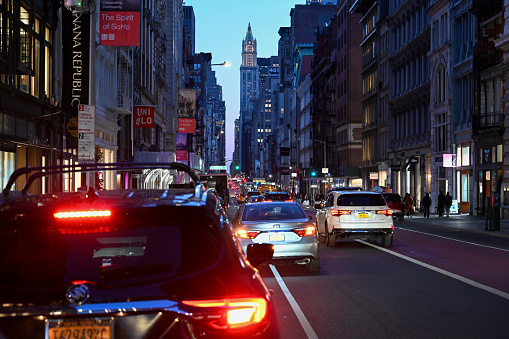 New York City, New York, USA, April 10, 2023 - Rush hour on Broadway in Lower Manhattan (The Spirit of SoHo), New York, USA.