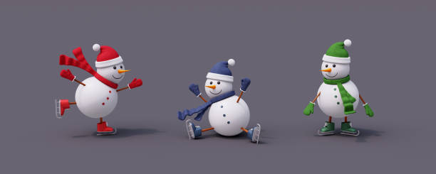 Three snowman's are playing on grey background. Winter Holidays cute concept 3d render