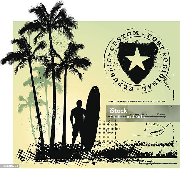 Vetores de Surfe Cena Grunge Com Escudo E Fundo De Inclinação e mais imagens de Estêncil - Estêncil, Grafite - Produção artística, Maui