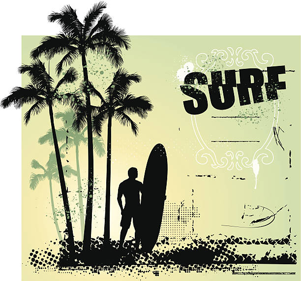 surf grunge scene with surfer and gradient background vector art illustration