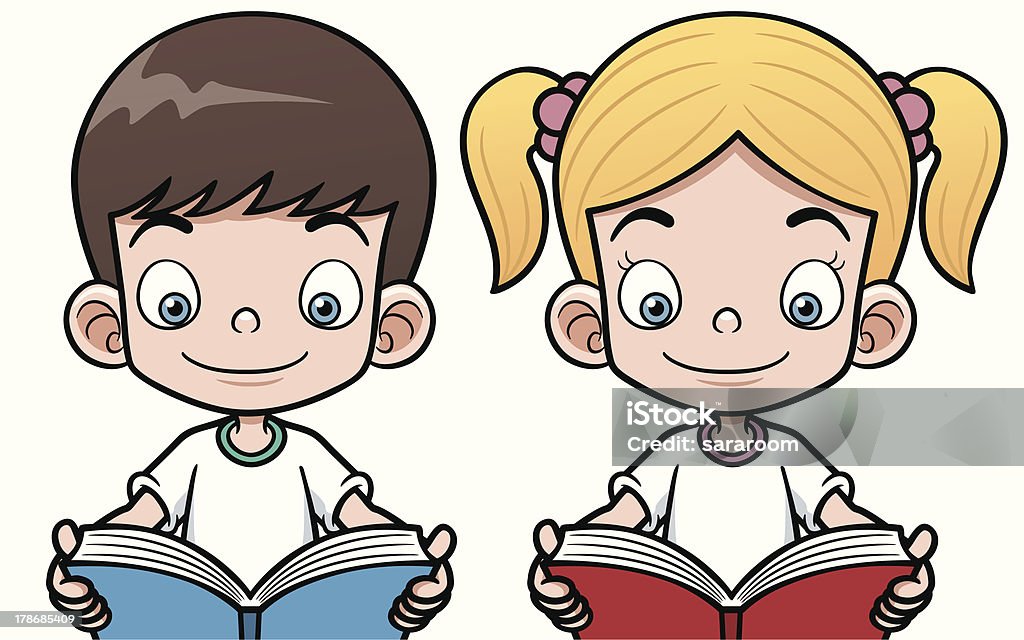 Rapaz e rapariga ler um livro - Royalty-free Abrir arte vetorial