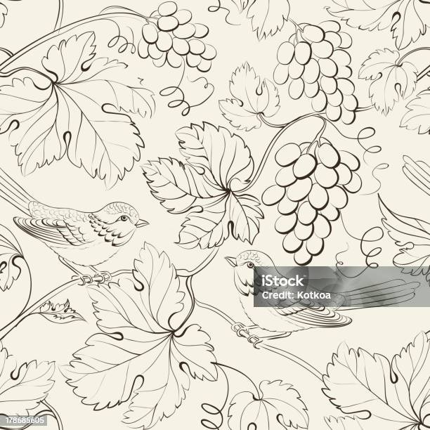 Bird And Grape Seamless Pattern Stock Illustration - Download Image Now - Abstract, Animal Markings, Autumn