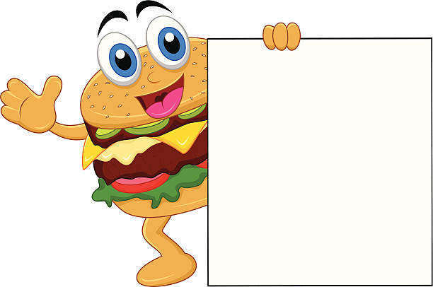 burger cartoon characters with blank sign vector art illustration