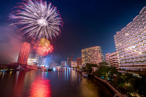 Fireworks by the Chao Phraya River on New Year's Day.