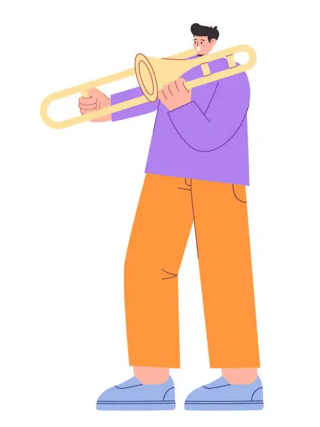 Vector illustration of Man playing trumpet music instrument brass bugle alone drawing flat colorful illustration young performance cartoon