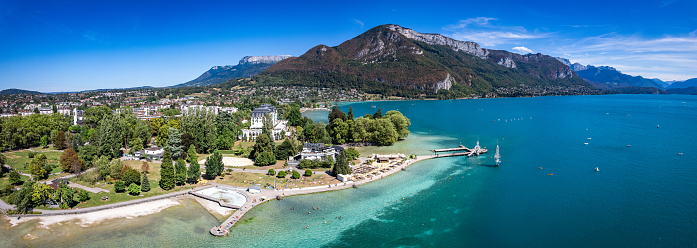 Aerial view of Annecy city Centre, plage de l imperial or imperial beach in Haute Savoie, France, Europe
