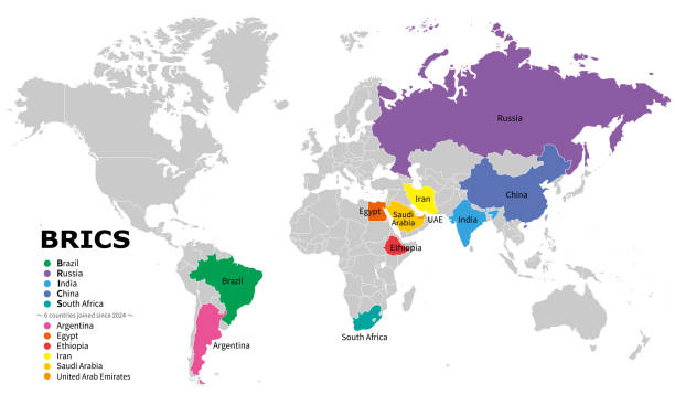 ilustraciones, imágenes clip art, dibujos animados e iconos de stock de mapa de los cinco países miembros de los brics y los seis países que se han unido desde 2024, colorido y fácil de entender, océano atlántico - brics