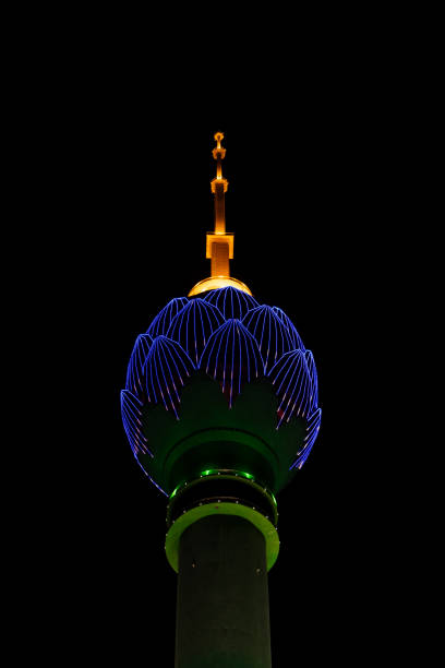 Aerial view of Tashkent TV Tower in Uzbekistan at night