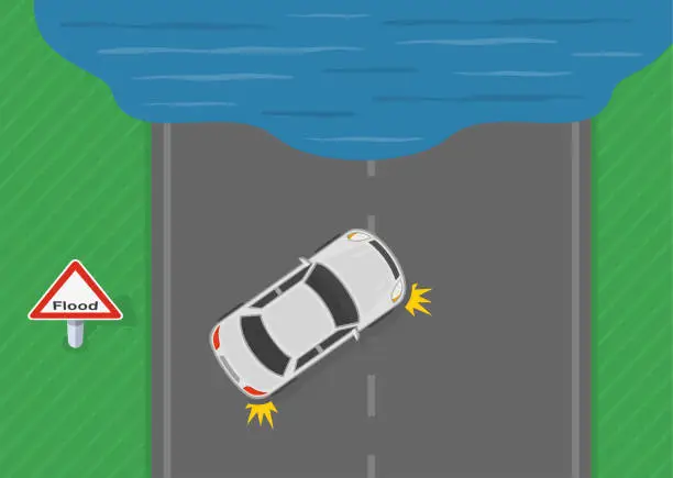 Vector illustration of Bad weather conditions. Car is turning around on flooded road. Top view. Vector illustration template.