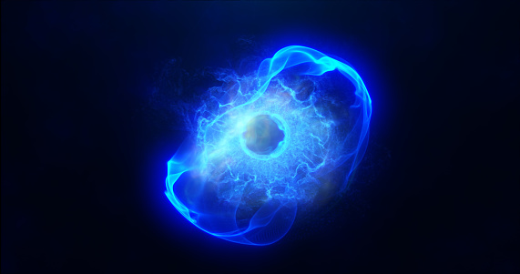 Blue energy sphere with glowing bright particles, atom with electrons and elektric magic field scientific futuristic hi-tech abstract background.