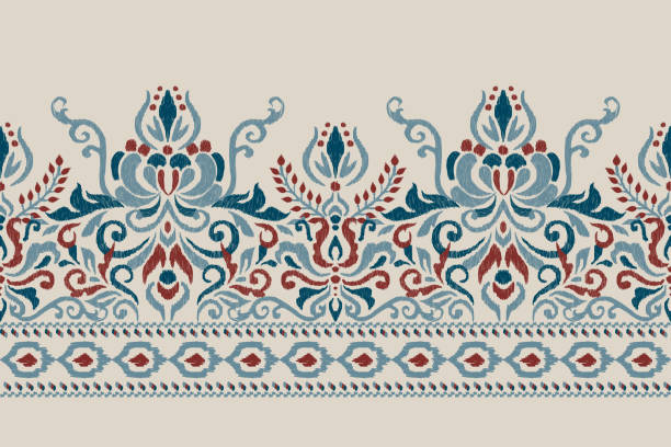Kaftan Ikat floral paisley embroidery Ikat floral paisley embroidery on gray background.Ikat ethnic oriental pattern traditional.Aztec style abstract vector illustration.design for texture,fabric,clothing,wrapping,decoration,sarong,scarf batik indonesia stock illustrations