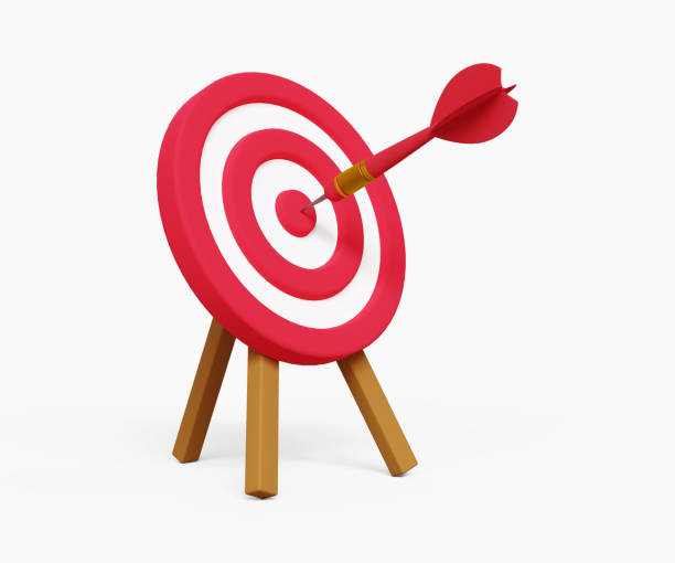 3d目標の達成。事業戦略、財務目標、成功�目標、目標達成コンセプト。ダーツの矢が的の中心に命中した。3dイラストレーション - target dart shooting business ストックフォトと画像
