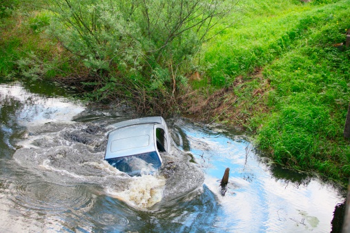 Sinking car in the water.