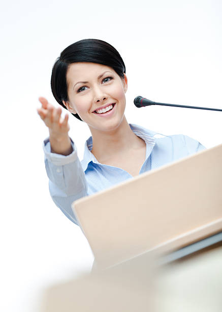istock Woman speech maker at the board 178704044