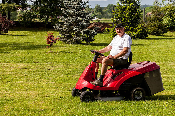 istock Senior man driving a red lawn mower (tractor) 178704390
