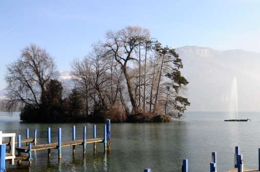 Large view of Annecy lake and mountains on winter time, France