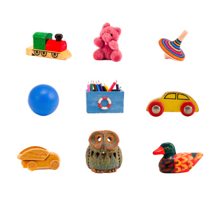 assorted toys collection isolated on white