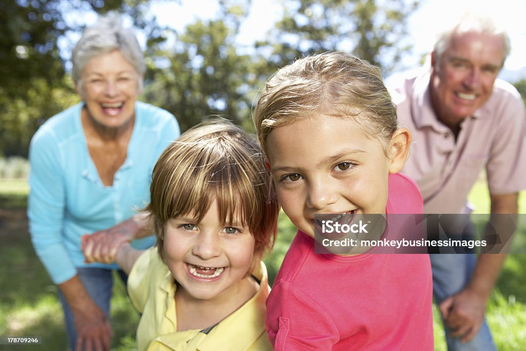 Coppia Senior sulla passeggiata del Paese con nipoti - Foto stock royalty-free di Divertirsi