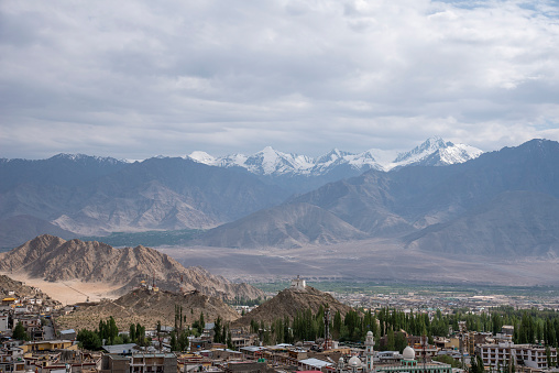 The beautiful views of Old Leh city and Stok Kangri,Ladakh mountain ranges from Leh Palace