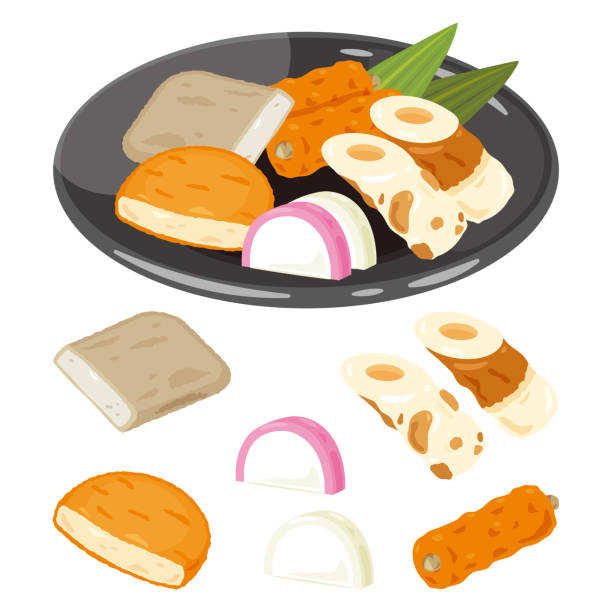 Various fish paste on a plate Various fish paste on a plate chikuwa stock illustrations