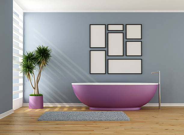 istock Blue bathroom with purple bathtub 178713612