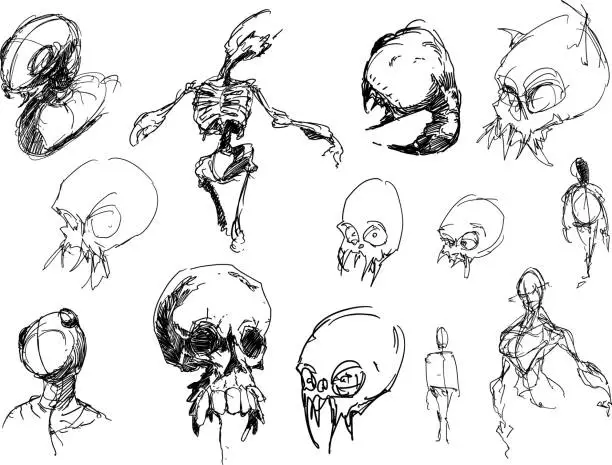 Vector illustration of many hand drawn sketches skulls nad scary horror creatures and beasts