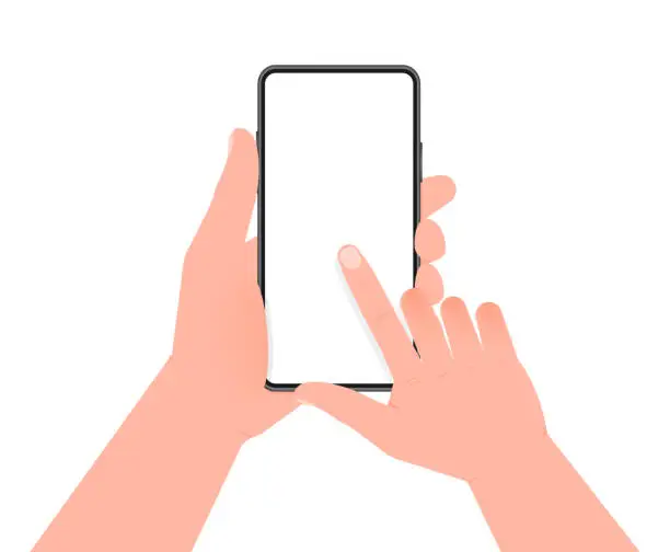 Vector illustration of Hands Holding Smartphone with Touchscreen Interaction on White Background. Vector stock illustration