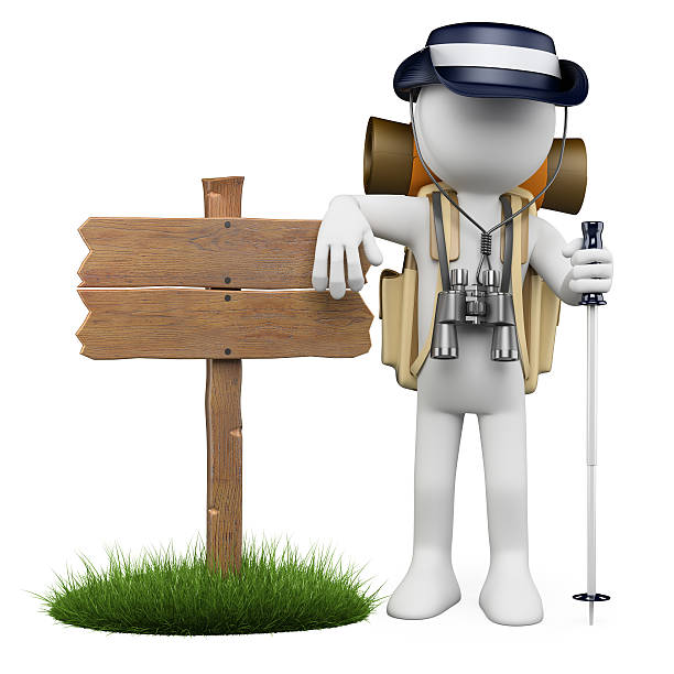 3d white hiker leaning in a wooden sign with rain hat, backpack, stick and binoculars. Isolated white background.