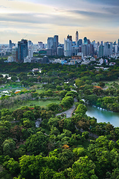 Modern city in a green environment,Suan Lum,Bangkok,Thailand. stock photo