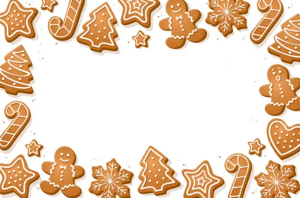 Vector illustration of Gingerbread cookies on white background. Christmas cookies banner.