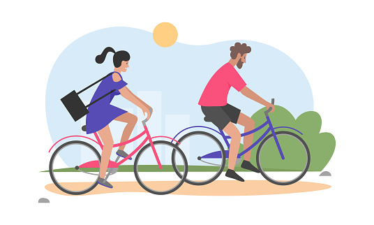Couple with bicycles on sunny day. Good weather outdoor leisure time cartoon vector illustration