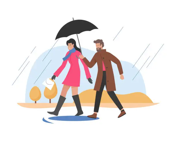 Vector illustration of Couple walking on rainy weather