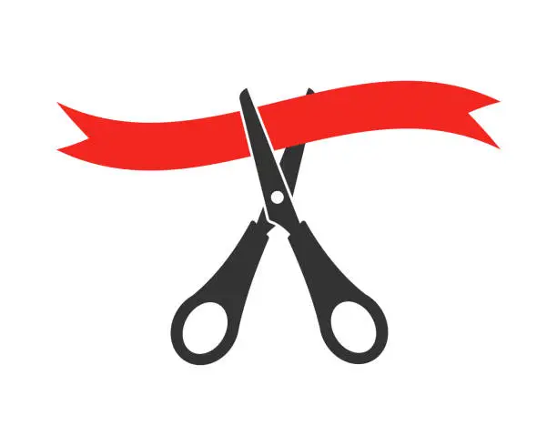 Vector illustration of Scissors and red ribbon silhouette vector illustration. Grand Opening Invitation concept.