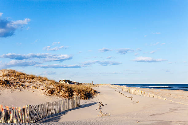 Beach Fence, Sand, Houses and the Ocean. Beach fence, sand houses and the ocean. The fence holds the sands from eroding into the ocean. Cupsoque beach, Westhampton, Long Island, New York. the hamptons photos stock pictures, royalty-free photos & images