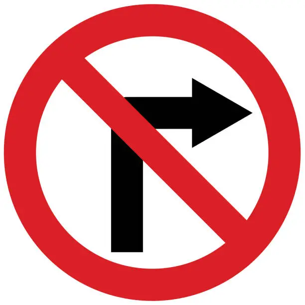Vector illustration of No turn right, stop, prohibited, warning traffic sign red color icon, banner vector illustration.