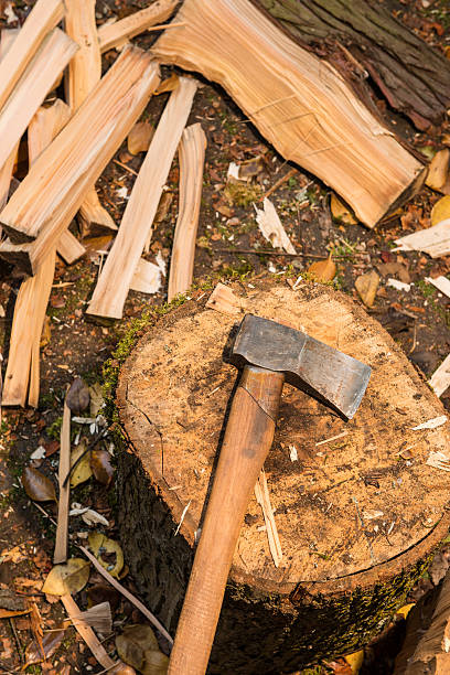 axe on chopping block stock photo